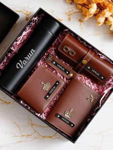 Customised 5 set combo mens wallet, passport cover,sunglasses cover, keychain , temperature bottle